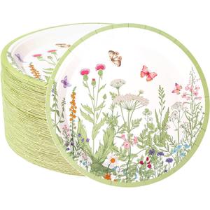 BHHQHH 100pcs Floral Paper Plates 9 inch Wildflower Party Plates Disposable Spring Summer Dinner Paper Plate for Birthday Wedding Baby Shower Tea Party Bridal Shower
