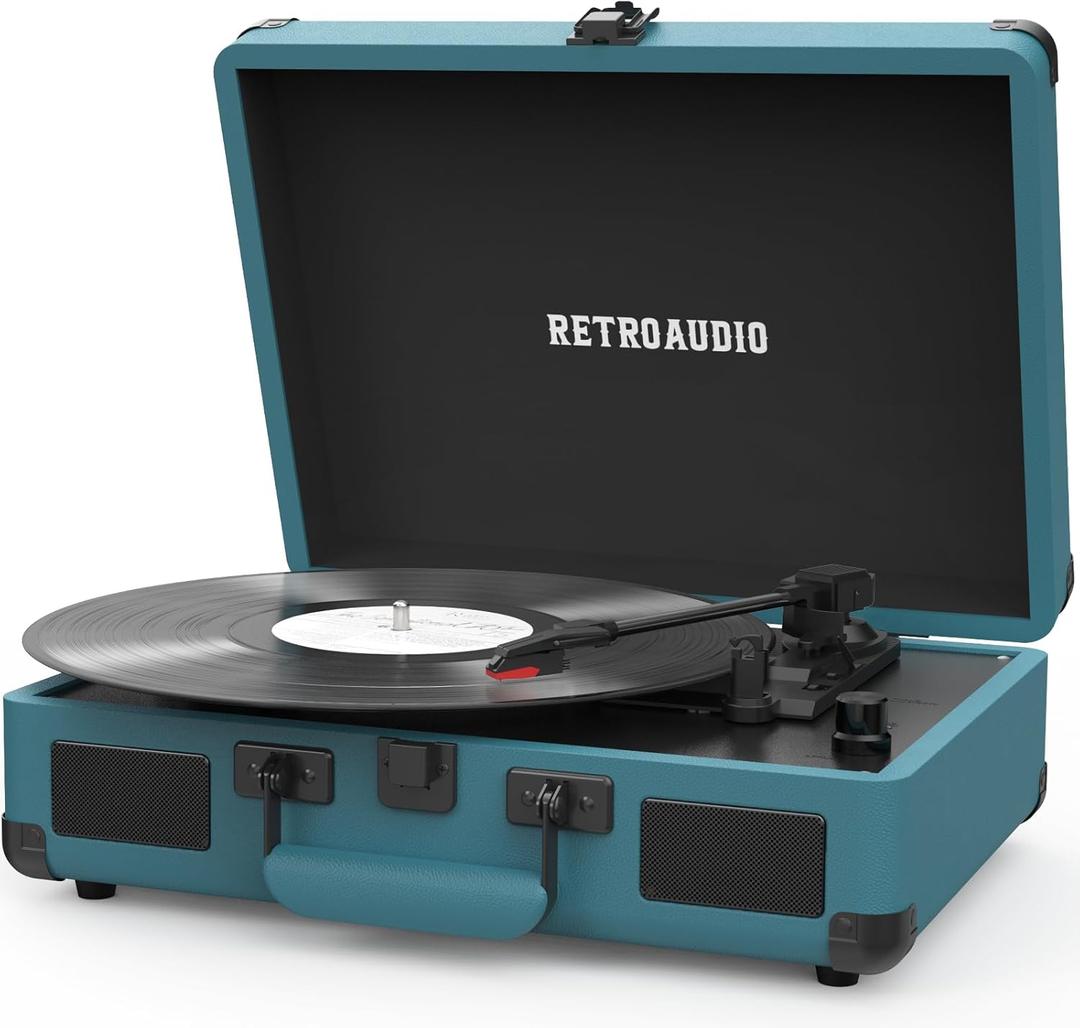 Vinyl Record Player 3 Speed Bluetooth Portable Suitcase Belt-Driven Record Player with 2 Built-in Stereo Speakers Vinyl Vintage Turntable Records Player with RCA Line Out, AUX Out (Smoke Blue)