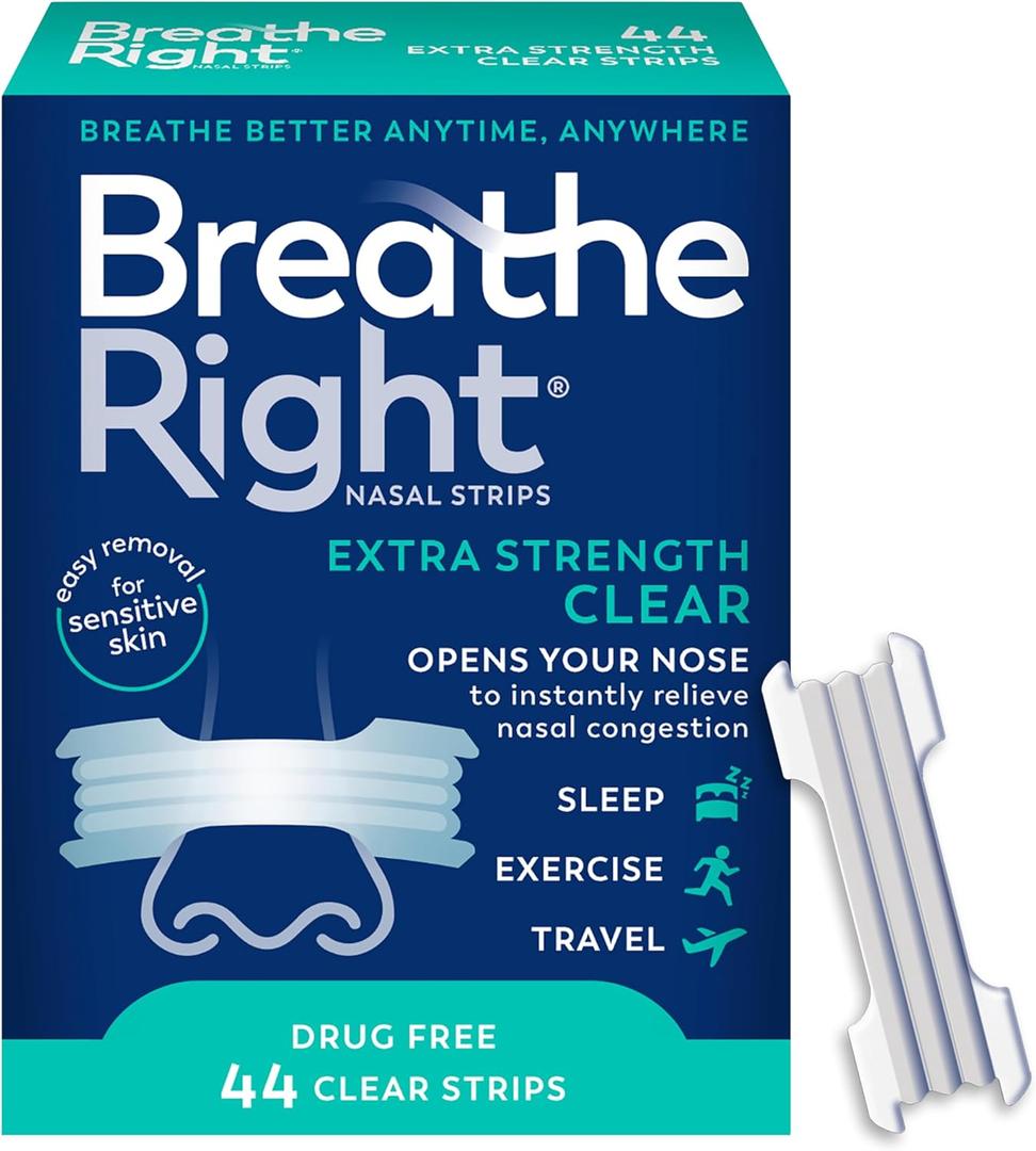 Breathe Right Nasal Strips, Extra Strength Clear Nose Strips, DrugFree Nasal Congestion Relief for Better Breathing, Help Relieve Snoring, Caused by Colds & Allergies, Deviated Septum, 44ct