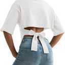 Women's Y2K Open Back Shirts Adjustable Tie Back Cinched Waist Crop Tops Half Sleeves Crew Neck Pullover Cotton Tees (White) XL
