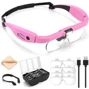 Magnifying Glass with Light, 1.5X-5.0X Magnifying Glasses, Rechargeable Magnifier Headset with Light, Head Magnifier with 4 Detachable Lenses, Magnify Glasses for Close Work Crafts Jewelry, Pink