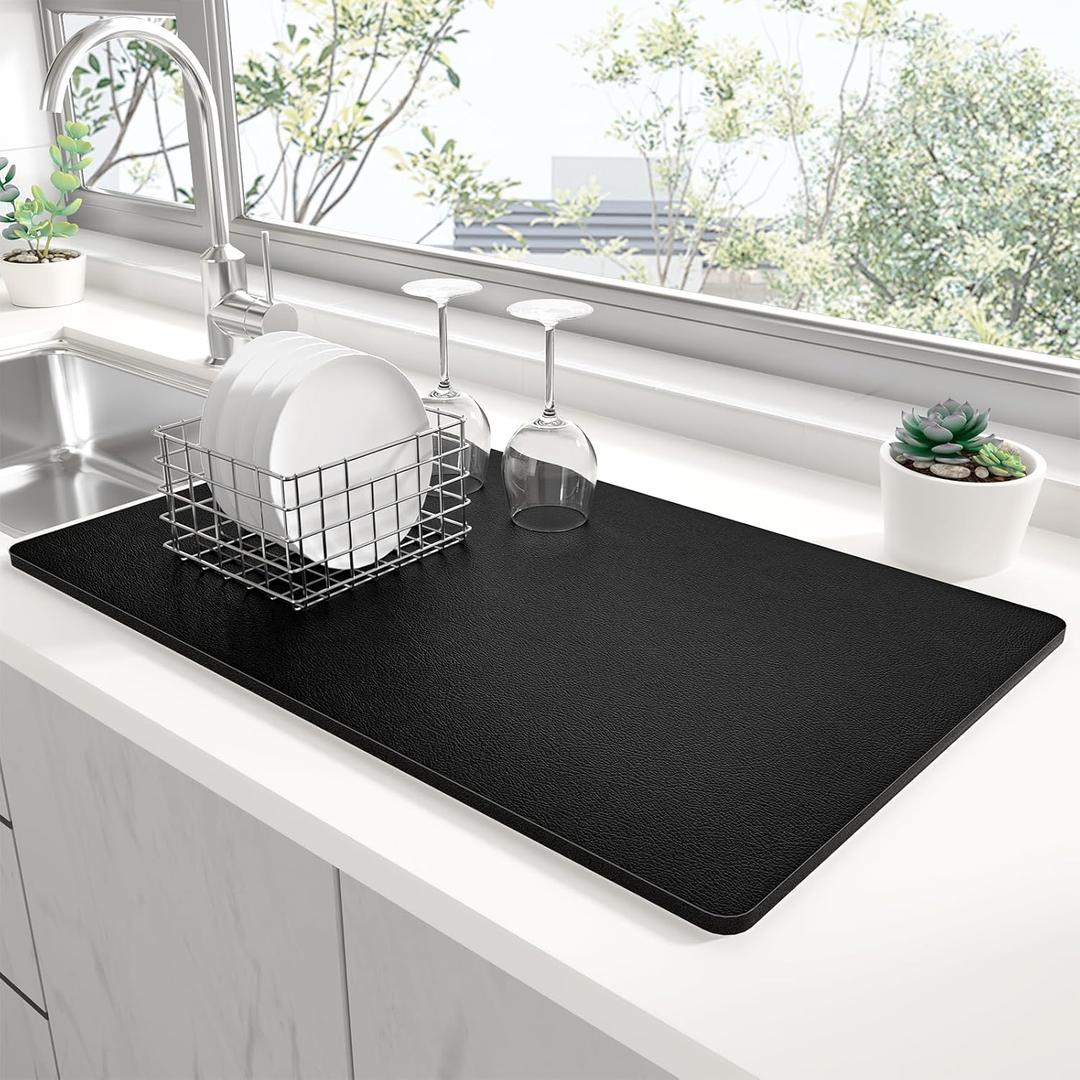 Rnivvi Dish Drying Mat for Kitchen Counter, XL 15 x 24" Super Absorbent Drainer Pad Easy Clean Dish Rack Pad, Non-Slip Heat Resistant Coffee Bar Mat for Coffee Machine Station Accessories Decor, Black