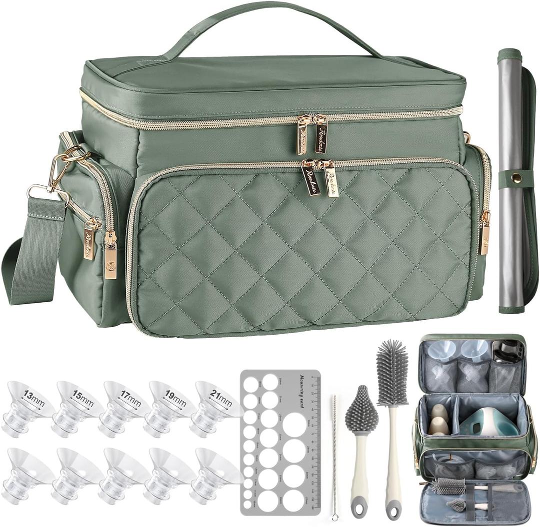 Breast Pump Bag Kit for Spectra S1/S2, Pumping Bag with Bottle Brush Set,10Pcs Flange Inserts for 24mm Flange, Nipple Ruler, Waterproof Mat, Pump Carrying Case for Work Travel, Sage Green
