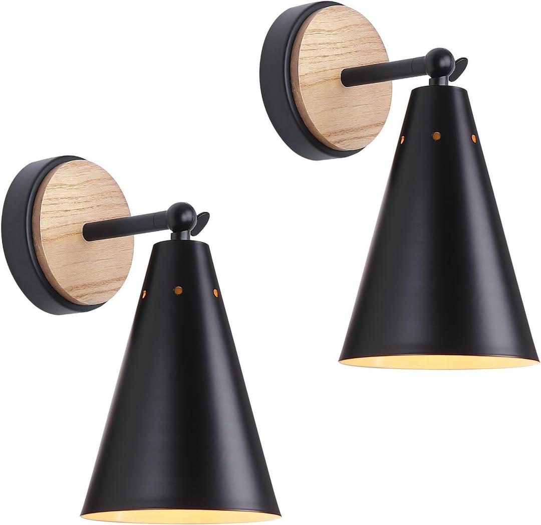 MWZ Rustic Farmhouse Black Metal and Wood Wall Sconce Adjustable Lamp2 Pack,Rustic Wall Lighting Fixture for Bedroom, Living Room, Headboard, Garage, Porch