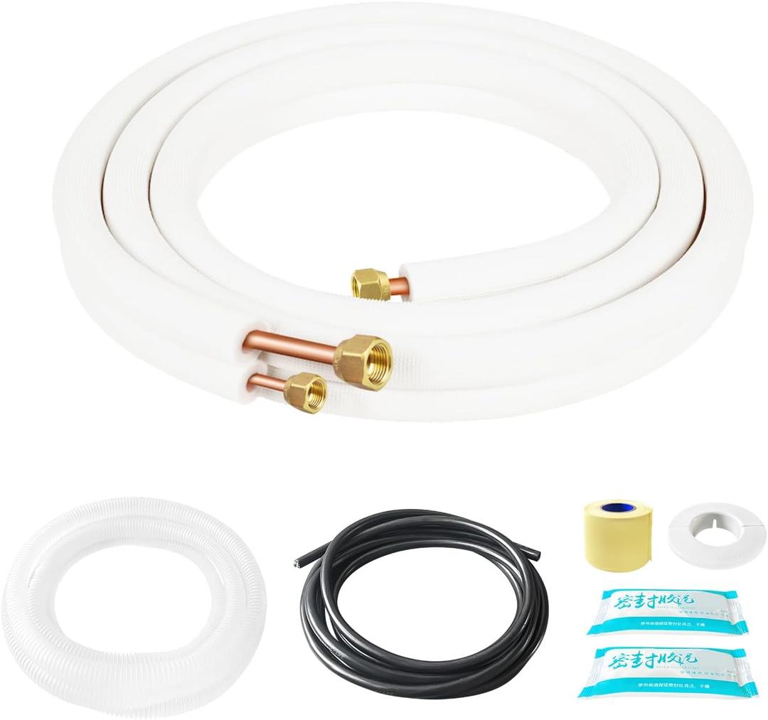 10FT Mini Split Line Set 1/4" & 3/8" O.D Copper Pipes Tubing with Nuts & Installation Kit, 3/8" White Thickened PE Insulation Coil for Air Conditioning or Heating Pump Equipment & HVAC