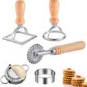 Ravioli Pasta Cutter Wheel Set of 5, Ravioli Makers with Roller Ravioli Stamp Cutter Set with Wooden Handle, Pasta Press Wheel Pasta Maker Tools For Pasta Making Dumplings, Pierogi (Silver)