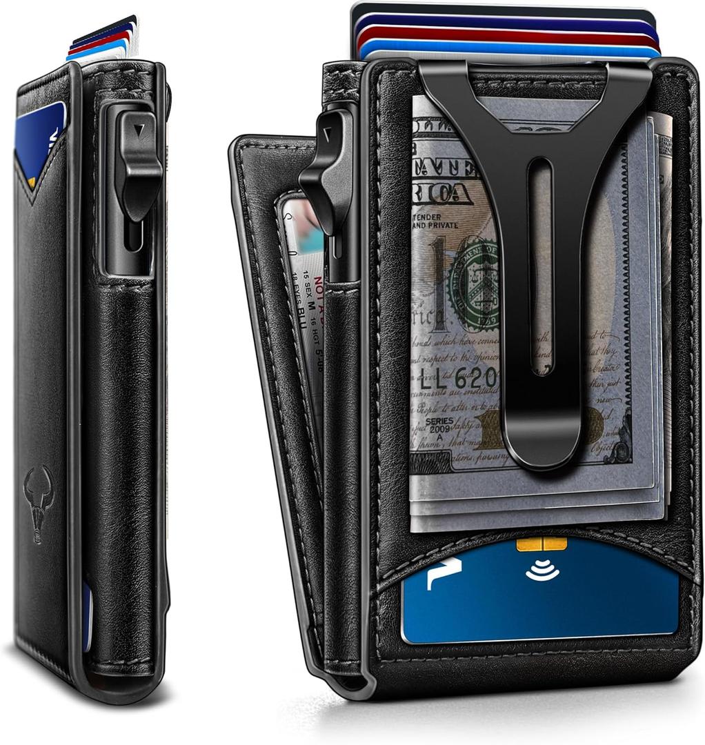 BULLIANT Men Wallet,Magnetic Metal Wallet Money Clip 9Cards Pop-up Access RFID Blocking (Black-6313)
