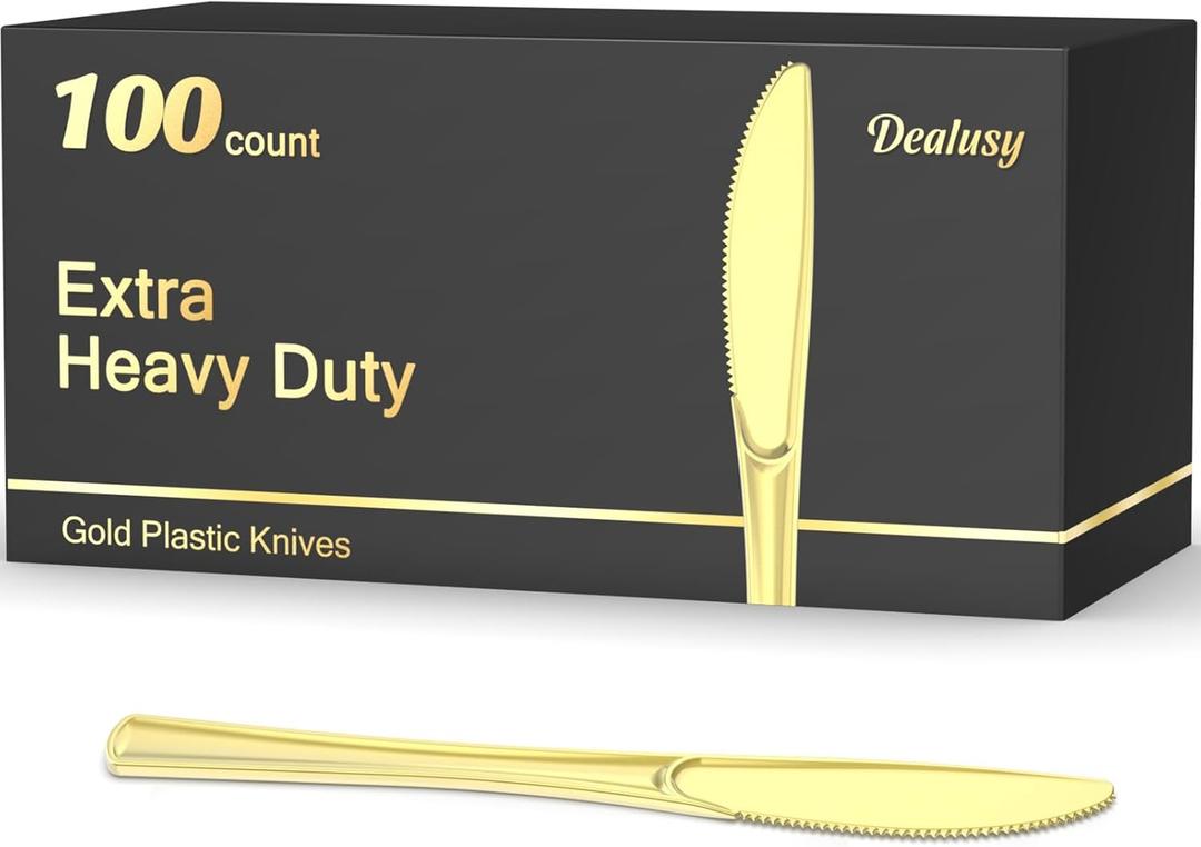 Dealusy 100 Count Heavy Duty Gold Plastic Knives Disposable, BPA-Free, Heat Resistant, Solid and Durable Premium Plastic Disposable Knives for Party Supply