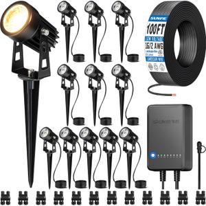 SUNVIE All-in-One LED Low Voltage Landscape Lighting Kit, 12-Pack Landscape Lights with Transformer 100FT Wire and Connectors, 3000K Waterproof Low Voltage Landscape Lights for Garden Yard House Tree