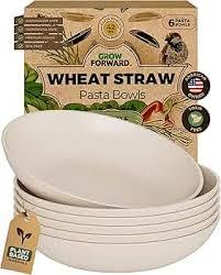 Grow Forward Premium Wheat Straw Pasta Bowls - 42oz Unbreakable Wide & Shallow Dinner Plate Bowls Set of 6 - Microwave Safe Reusable Plastic Pasta Bowls for Kids, Adults, Salad, Camping, RV - Sahara