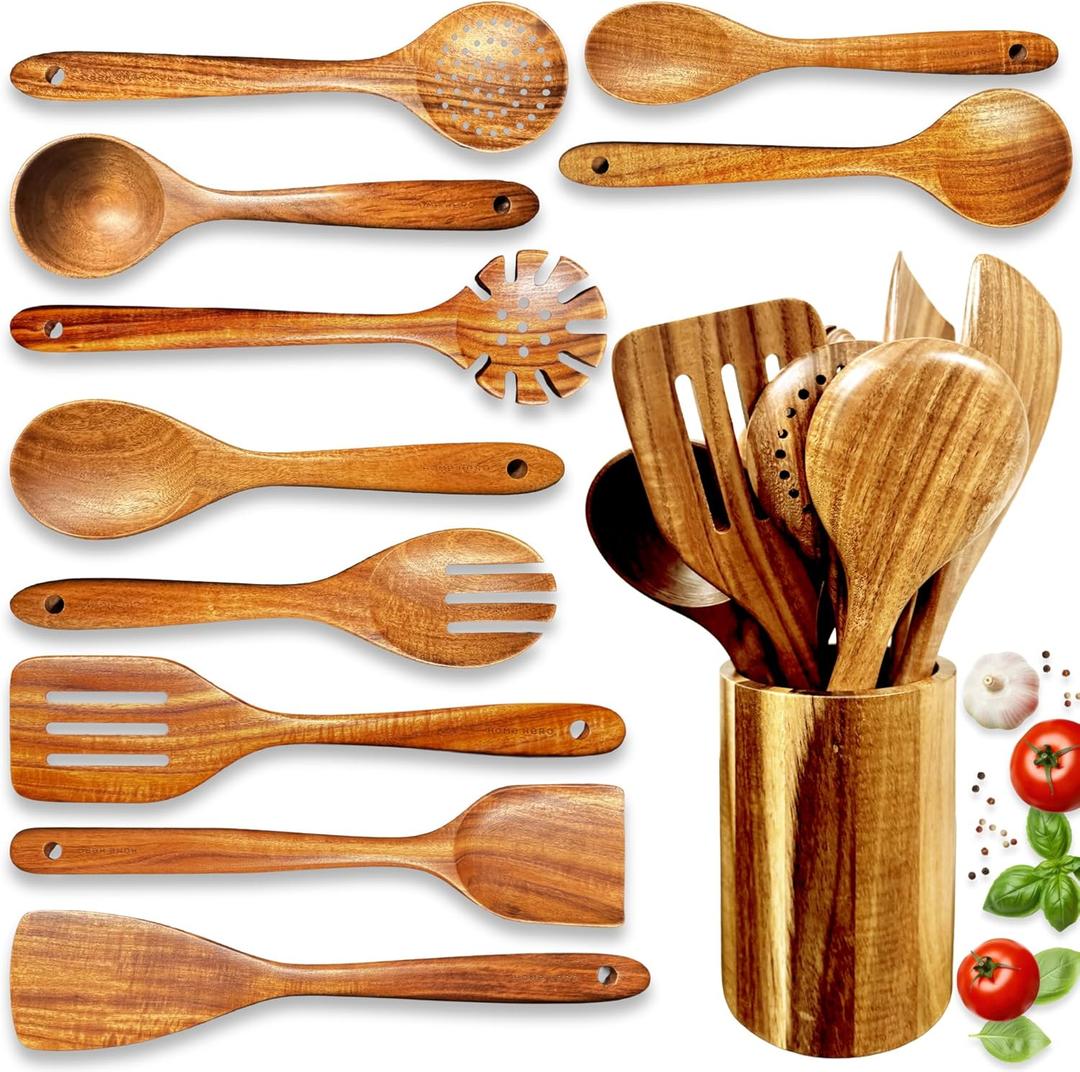 Home Hero Wooden Utensil Set 11 Pcs  Natural Teak Wooden Kitchen Utensils Set with Sturdy, Easy-to-Clean Wooden Spoons for Cooking  Non-Scratch Teak Cooking Utensils (11 pcs)