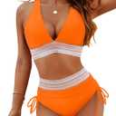 Blooming Jelly Women High Waisted Bikini Sets Tummy Control Swimsuits Color Block Two Piece Drawstring Bathing Suit (Orange, L)