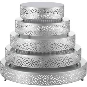 Wenqik 5 Pcs Metal Silver Cake Stand 16/14/12/10/8 Inch Round Cake Holder Display for Dessert Table Cookies Fruit Serving Tray Cupcake Pastry Riser for Wedding Birthday Party and Events
