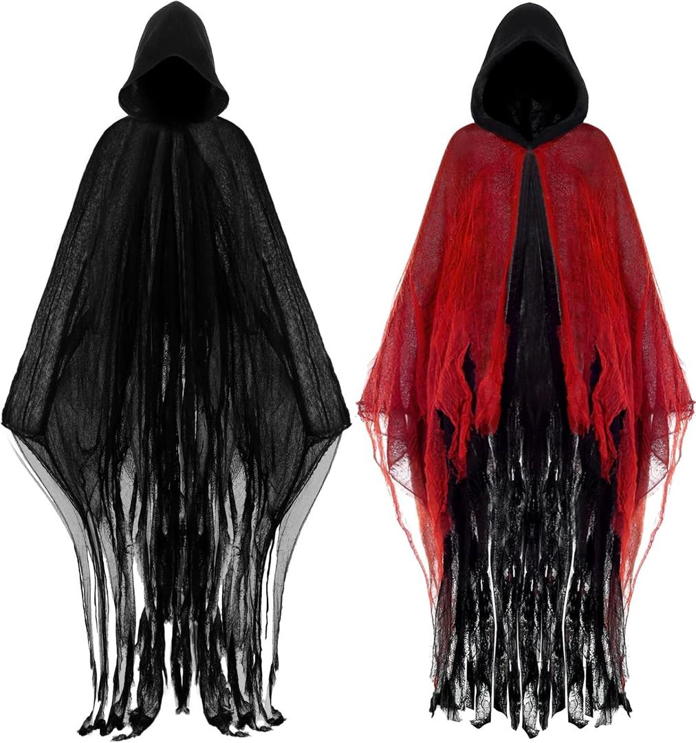 Geyoga 2 Pcs Halloween Horror Grim Reaper Costume Scary Cloak Medieval Renaissance Gothic Wizard Robe Men Women Hooded Cape (Medium, Black, Bright Red)