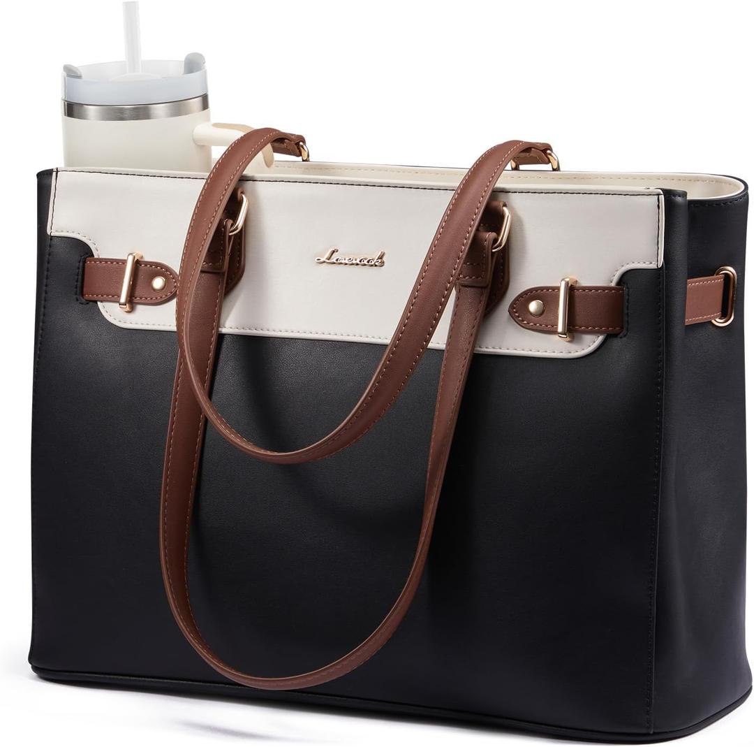 LOVEVOOK Laptop Tote Bag for Women Work, Teacher Tote Bag Nurse Bag with Large Cup Holder, 15.6 Inch Waterproof Leather Computer Bag Professional Business Office Briefcase, Black-beige-brown