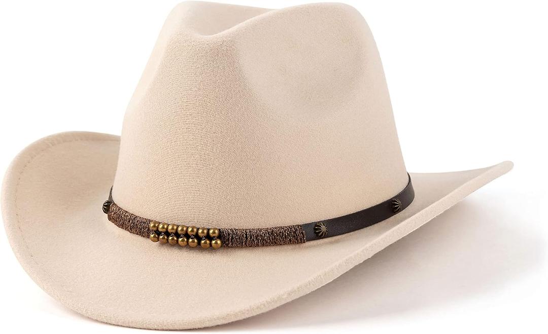 Western Cowboy Hats for Women Men Felt Wide Brim Panama Hat with Belt Buckle (Medium, Bead Band-cream)