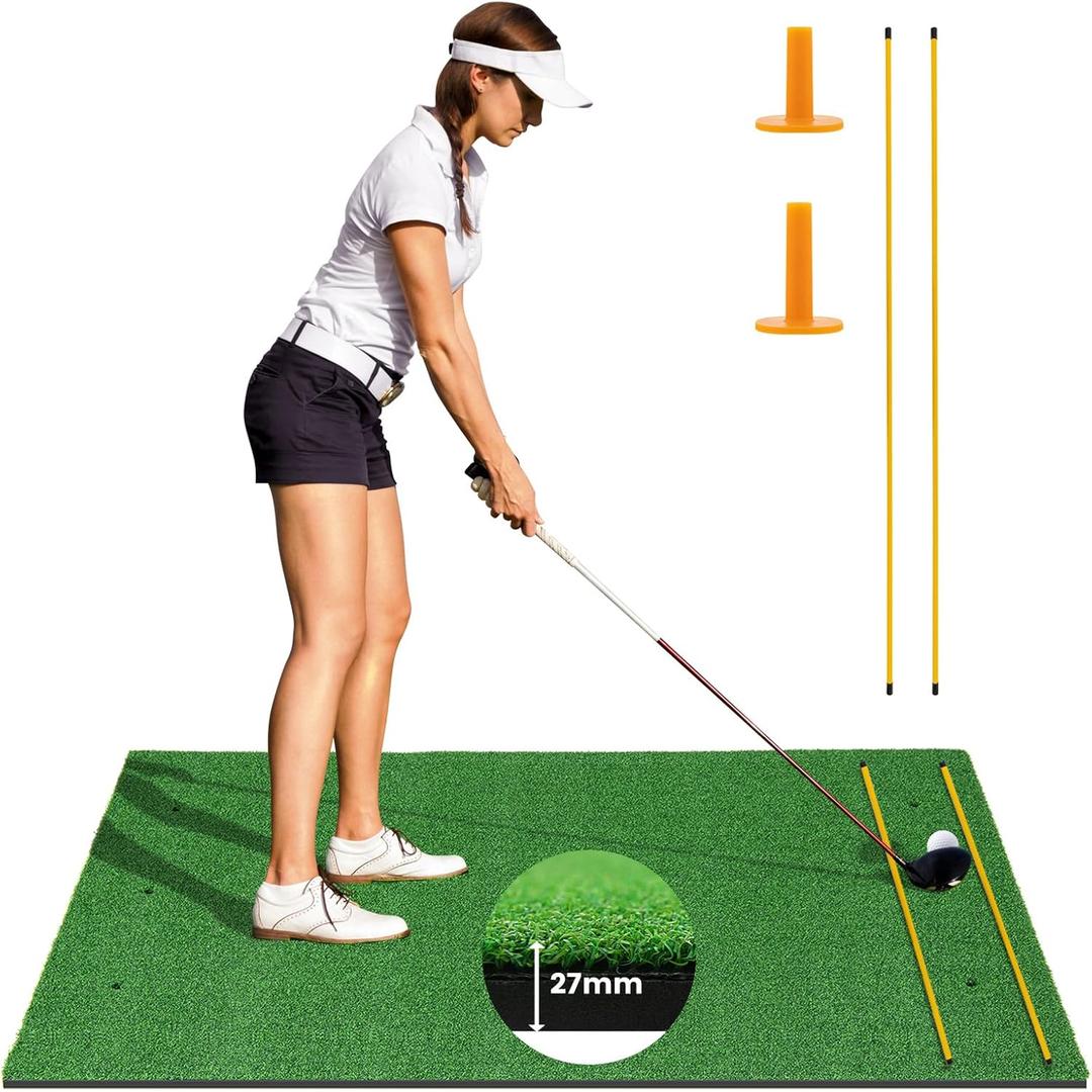 Goplus Golf Mat, 5x3ft Golf Hitting Mat 27mm Thick w/2 Alignment Sticks & 2 Golf Tees, Portable Artificial Turf Grass Training Mat Practice for Indoor Outdoor