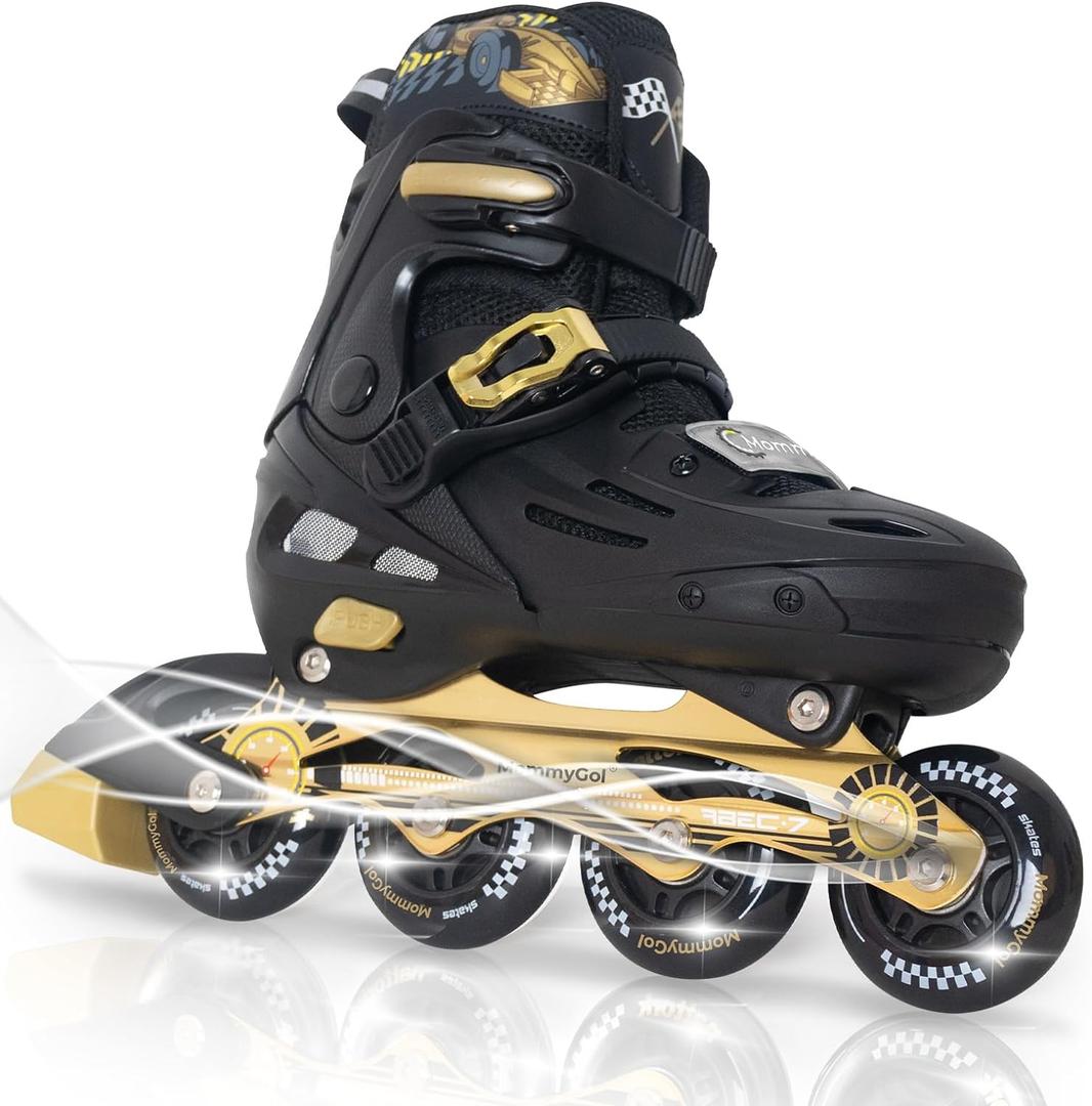 MammyGol Inline Skates for Boys and Girls Youth, 4 Size Adjustable Roller Skates with PU Flashing Wheels, Aggressive Inline Skates High Performance for Kids (Golden, L)
