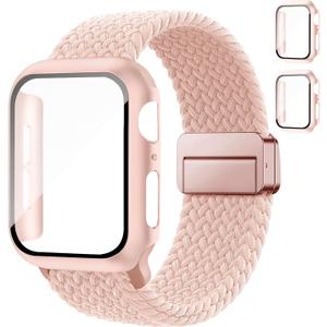 Braided Bands and Case for Apple Watch Bands for Women 42mm-Series 11 10 Men,Magnetic Nylon Sport Stretchy Solo Loop Elastic Strap with Cover for iWatch Series 11 10 9 8 7 6 5 4 3 SE