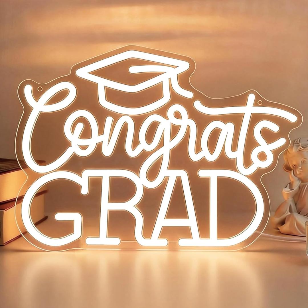 Congrats Grad Neon Sign with Graduation Cap, Warm White LED Neon Light with Dimmer, USB Powered Neon Sign for Wall Decor, Classroom, Party, Graduation Celebration Gift (16.5 x 10.7 in)