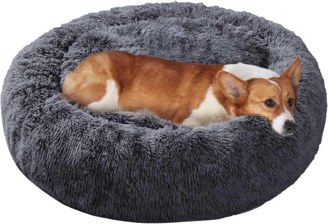 JOLLYVOGUE Dog & Cat Bed, Calming Anti-Anxiety Pet Bed for Small Dogs, Fluffy Donut Cushion for Small and Medium Pets (23") (Dark Grey)