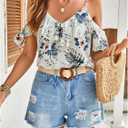 SweatyRocks Women's Floral Print Cold Shoulder Tops Ruffle Short Sleeve Summer Blouses Shirt (White, S)