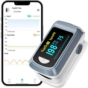 Pulse Oximeter HealthTree Oxygen Monitor Fingertip, Bluetooth Pulse Ox with Free APP, O2 Pulse Oximeter Finger and Heart Rate Monitor, 2 X AAA Batteries, Lanyard (Gray)