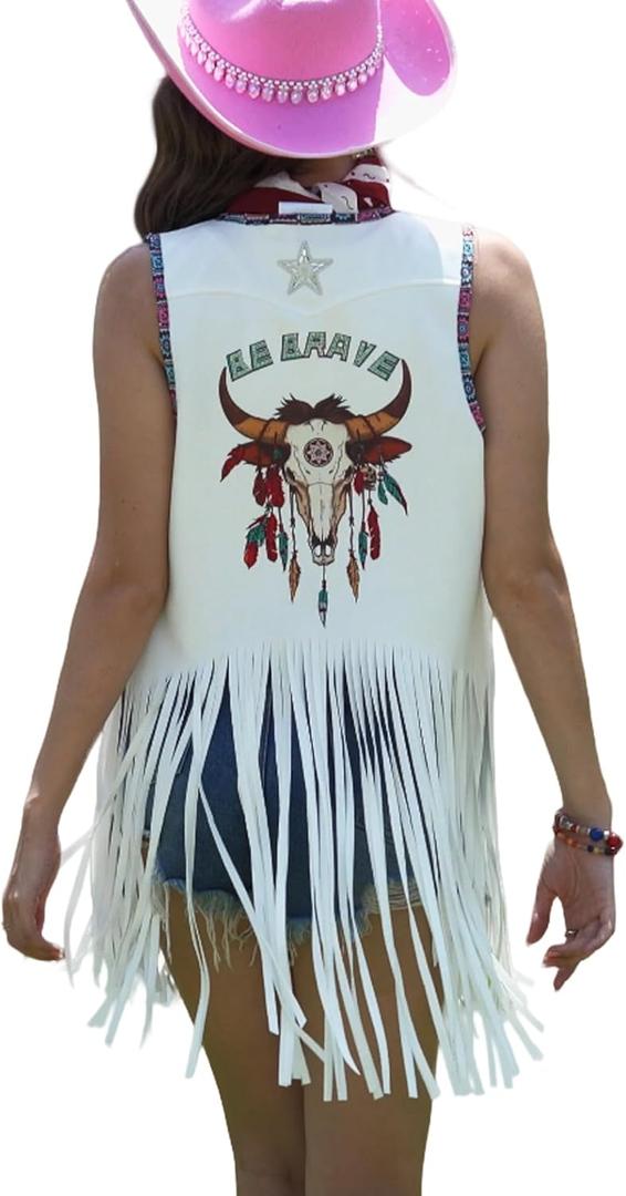 Women Tassel Sleeveless Rhinestone Cowgirl Vest 70s Hippie Faux Suede Fringe Jacket (Bull-white), XL