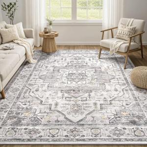 Area Rug 5x7 Washable Vintage - Soft Traditional Rugs for Living Room Large Non Slip Backing with Low Pile Farmhouse Oriental Retro Carpet for Bedroom Dining Room or Home Office - Grey (5' x 7')
