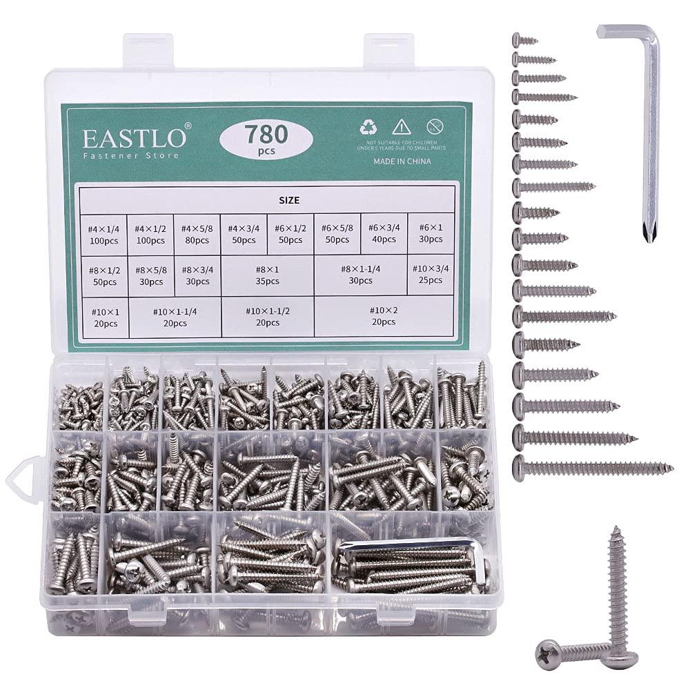 (780 PCS) #4#6#8#10 Pan Head Sheet Metal Screws Assortments 304 Stainless Steel 18-8 Self Tapping Screws Hardware Kit