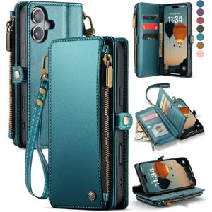 Defencase Compatible with iPhone 17 Case Wallet with RFID Blocking Card Holder for Women and Men, Fashion PU Leather Magnetic Snap Flip Zipper Strap Wallet Phone Case for iPhone 17 6.3", Blue Green