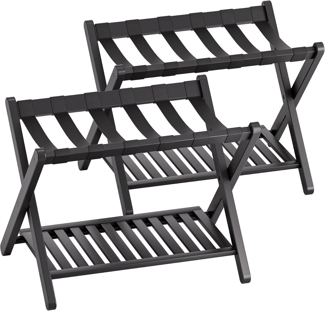 SMIBUY Luggage Rack, Set of 2, Foldable Bamboo Suitcase Stand with Storage Shelf for Guest Room, Bedroom, Hotel, Heavy-Duty (Black)