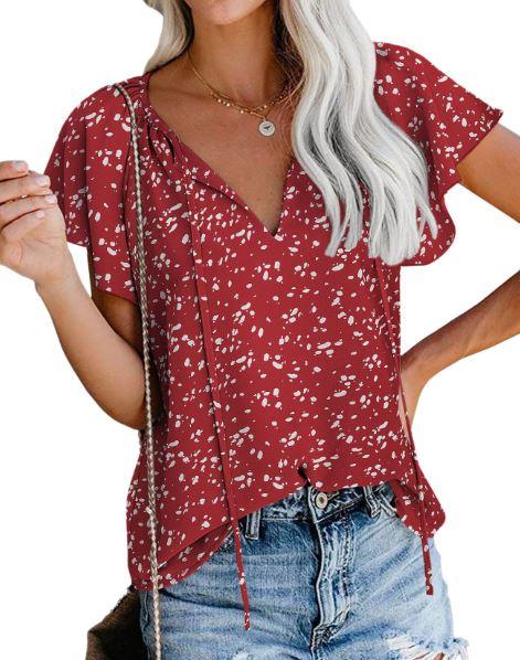 SimpleFun Women's Boho Tops Floral V Neck Short Sleeve Summer Blouse Shirts, Red, L
