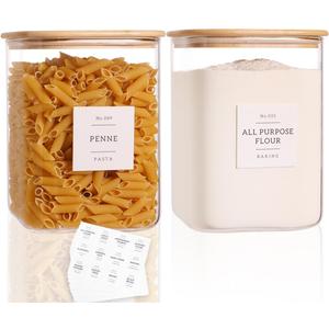 2 Pack Square Glass Flour and Sugar Containers with 132 Kitchen Pantry Labels - Thicken 120 FL OZ Large Glass Storage Jars with Airtight Bamboo Lid - Big Food Canisters for Cookies, Rice, Coffee