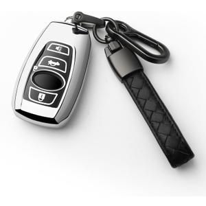 Autophone Compatible with Subaru Key Fob Cover With Leather Keychain Soft TPU 360 Degree Protection Key Case For Forester CrossTrek Outback WRX Ascent BRZ Impreza Legacy Smart KeySilver
