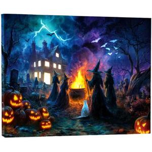 Artiluxy Halloween LED Wall Art 20x16 Inch-Haunted Home Gift, Lighted Canvas Decor with Pumpkin Haunted House Witch & Skull, Battery Powered with Timer, Spooky Indoor Decor for Halloween Party, 16x20in