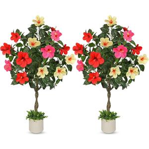 Briful 4ft Artificial Hibiscus Tree 2 Pcs, Fake Tropical Potted Plant
with UV-Resistant Leaves & Multicolored Flowers for Indoor Outdoor Porch Front Door Patio Entryway Living Room Office Decor