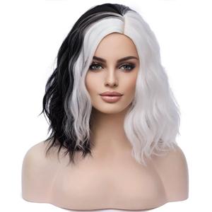 MAGQOO Black White Wig Black White Wig for Women Short Curly Wavy Hair Wigs Synthetic Heat Resistant Cosplay Costume Party Wigs