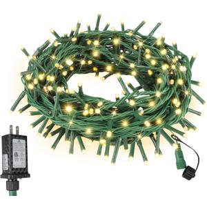 Twinkle Christmas Lights 33ft 100 LED 8 Modes with Timer, Connectable Xmas Tree Mini Lights for Indoor Outdoor Home Party Patio Garden Holiday Warm White (Warm White Glass Green Wire)