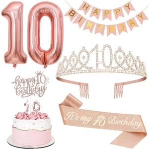 10th Birthday Decorations Set, Including 10th Tiara and Sash, Happy Birthday Banner, Cake Toppers, Number Candles and Balloons Set, Rose Gold