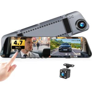 Mirror Dash Cam 4.7 Inch Rear View Mirror 720P Front and Rear View Dual Cameras with Super Night Vision,Parking Assistance,Loop Recording,24H Parking Monitor, Waterproof Backup Camera