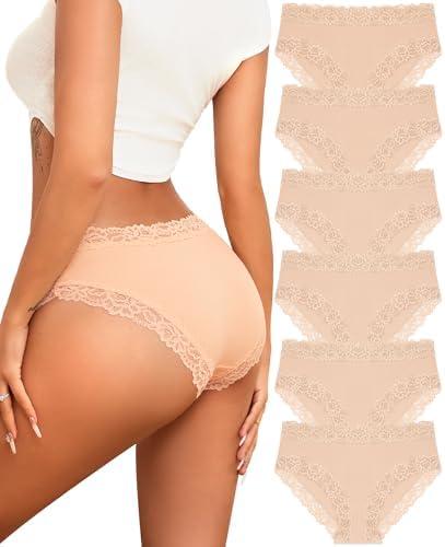 Knowyou Cotton Underwear for Women Cheeky Bikini Womens Underwear Pack Sexy Lace Wasit Hipster Brief Panties for Ladies, Medium, 6 Pieces
