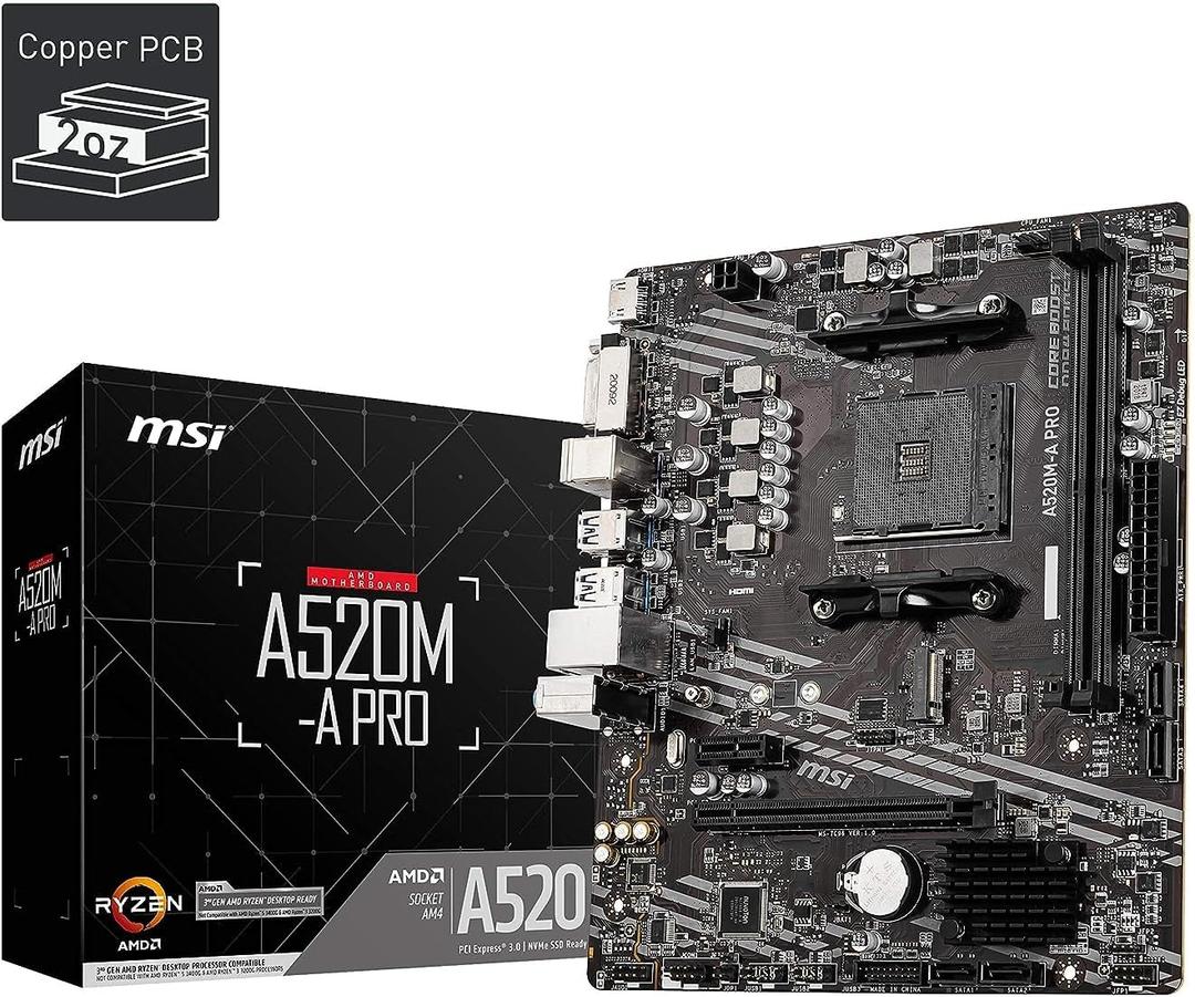 MSI A520M-A PRO Gaming Motherboard (AMD Ryzen 5000, AM4, DDR4, PCIe 3.0, SATA 6Gb/s, M.2, USB 3.2 Gen 1, DVI/HDMI, Micro-ATX)