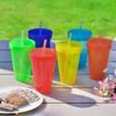 Youngever 9 Sets 16 Ounce Plastic Cups with Lids and Straws, Reusable Plastic Cups with Straws (Rainbow Colors) (Assorted)