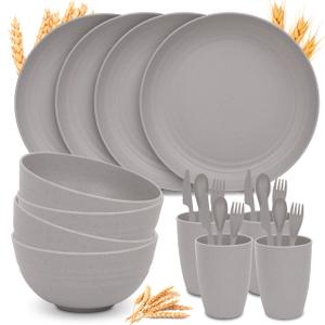 Wheat Straw Dinnerware Sets for 4 - GreenChoice Lightweight & Unbreakable Dishes Microwave & Dishwasher Safe Perfect for Camping, Picnic, RV, Dorm Plates, Cups and Bowls (Beige) 8 Pack