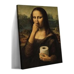 Funny Mona Lisa Bathroom Canvas Wall Art Humor Amusing Toilet Art Pinching Nose Wall Decor Celebrity Classical Vintage Painting Whimsical Poster Print for Bathroom Restroom Decoration 16x24in