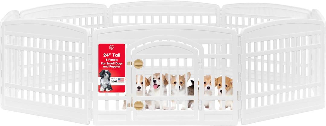 IRIS USA Dog Playpen with Door, 24 8 Panel Pet Exercise Pen Indoor Outdoor Puppy Play Pen, Portable Plastic Pet Fence for Small Medium Dogs, Foldable 83.5 x 83.5 x 24, White
