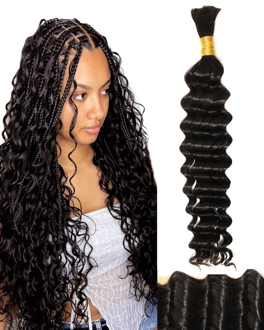 BEEOS Human Braiding Hair 18 Inch 50g, Deep Wave No Weft Bundles for Boho Braids Curly Human Hair Natural Black 1B