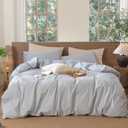 MooMee Striped Duvet Cover Set 100% Washed Cotton Linen Like Textured Breathable Durable Soft Comfy (Cornflower Blue White Wide Stripes, Queen 90"x90")