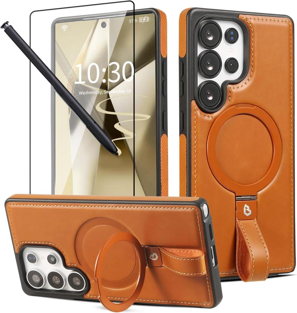 for Samsung Galaxy S25 Ultra Case with Stand, Anti-Slip Shockproof Loop, Compatible with MagSafe, Magnetic Protective Leather Case with Camera Lens and Screen Protector, Brown